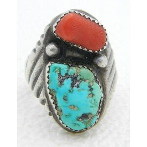 Navajo R Signed Designer Sterling Silver Heavy Coral Turquoise Ring 15g Size 9.5